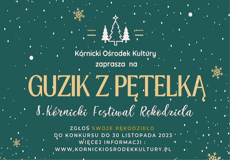 Złoty i biały tekst na zielonym tle. W górnej części trzy choinki.