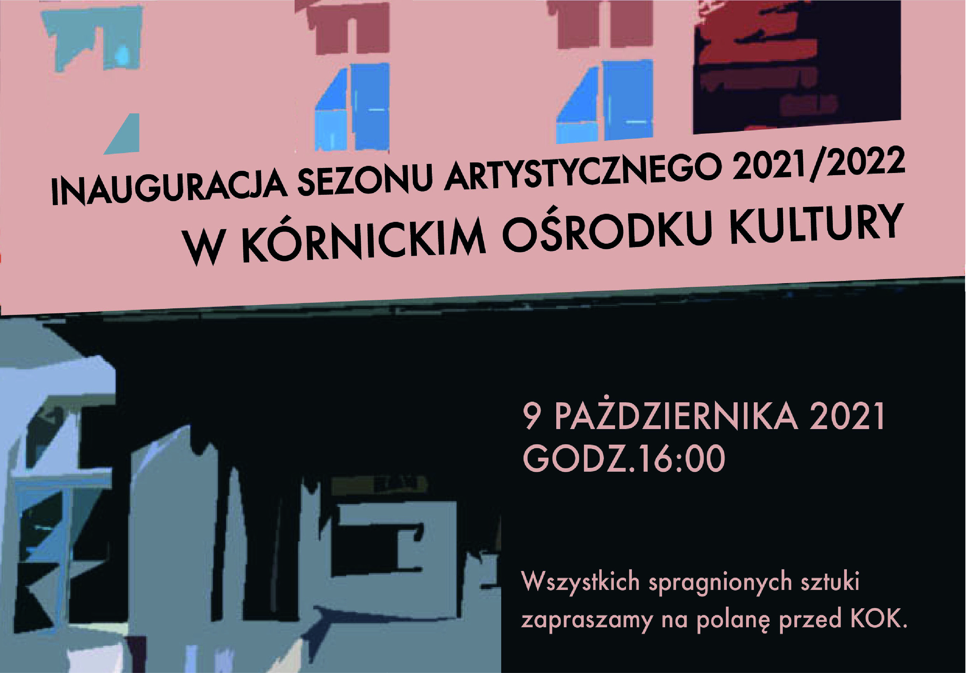 wesoły plakat z budynkiem i napisami