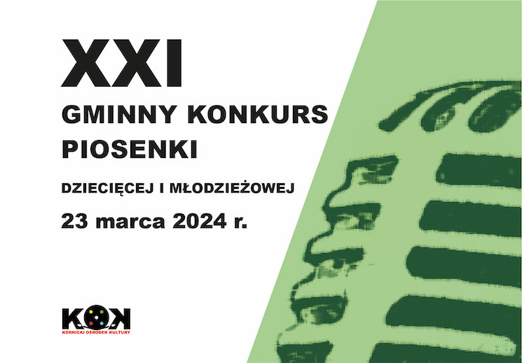 Po prawej stronie czarny tekst na białym tle, po lewej mikrofon na zielonym tle