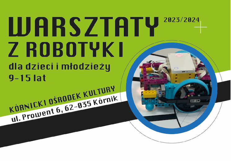 Czarny tekst na zielonym tle, po prawej w kole widać klocki lego